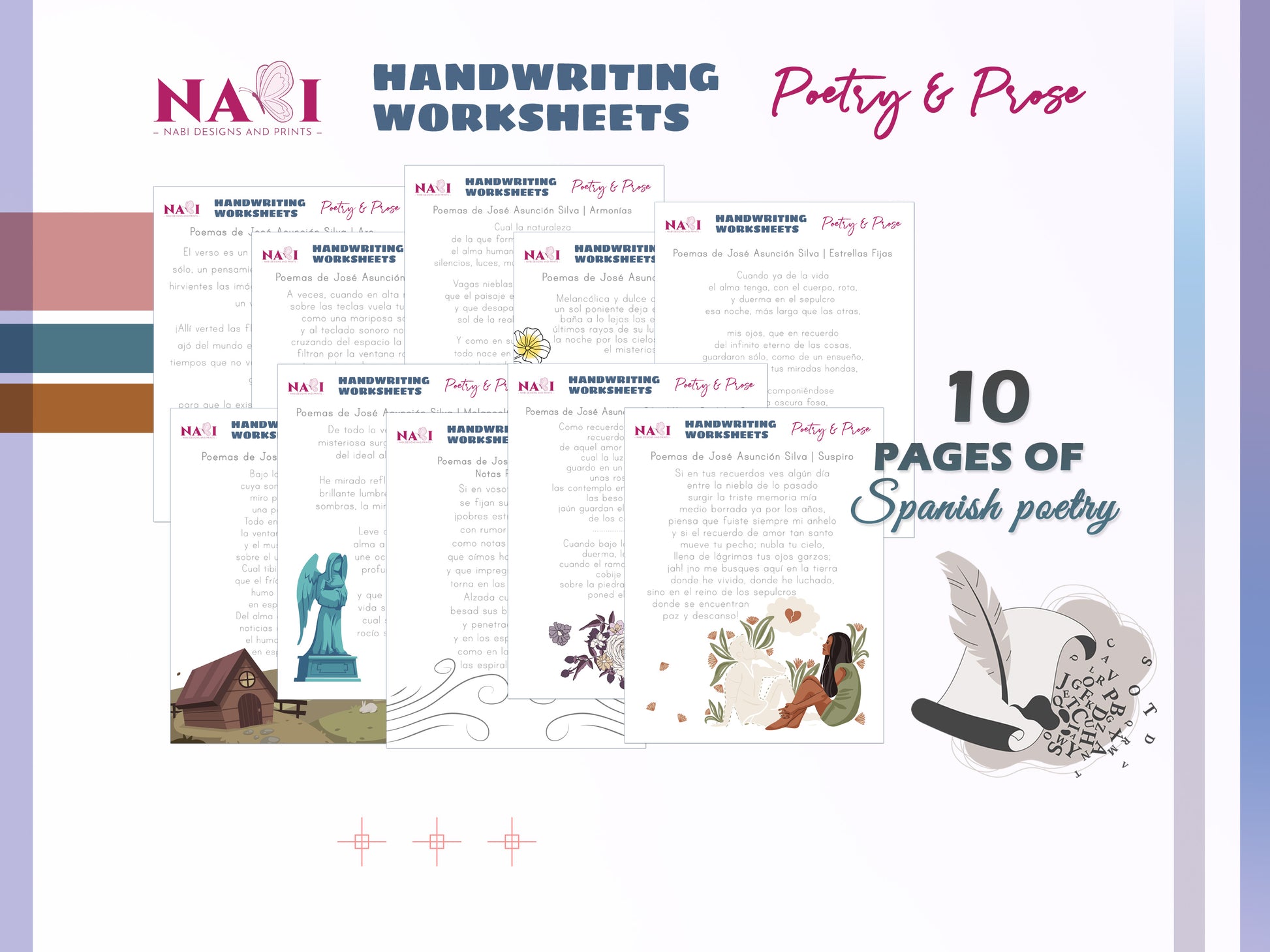 Handwriting worksheets for poetry and prose with illustrations on a white background
