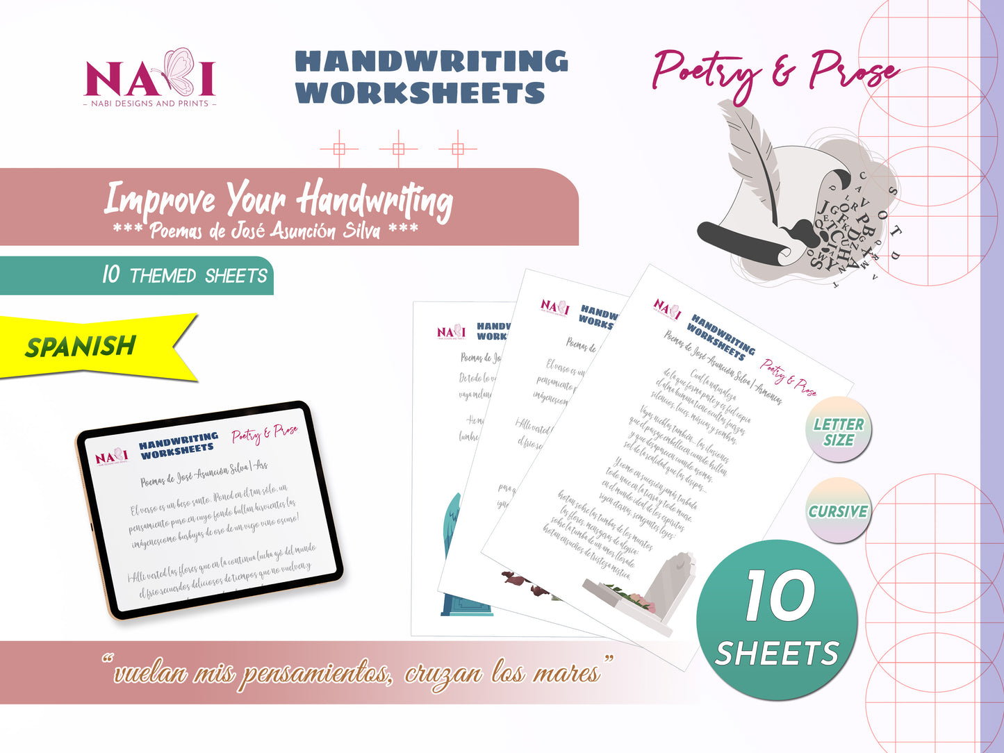 Handwriting worksheets for Spanish language with NABI Designs and Prints branding