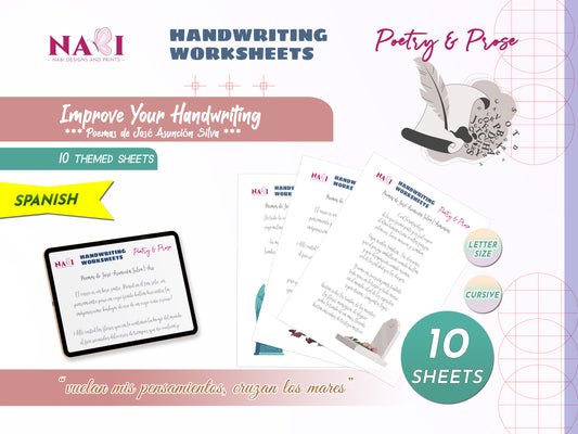 Handwriting worksheets for Spanish language with NABI Designs and Prints branding