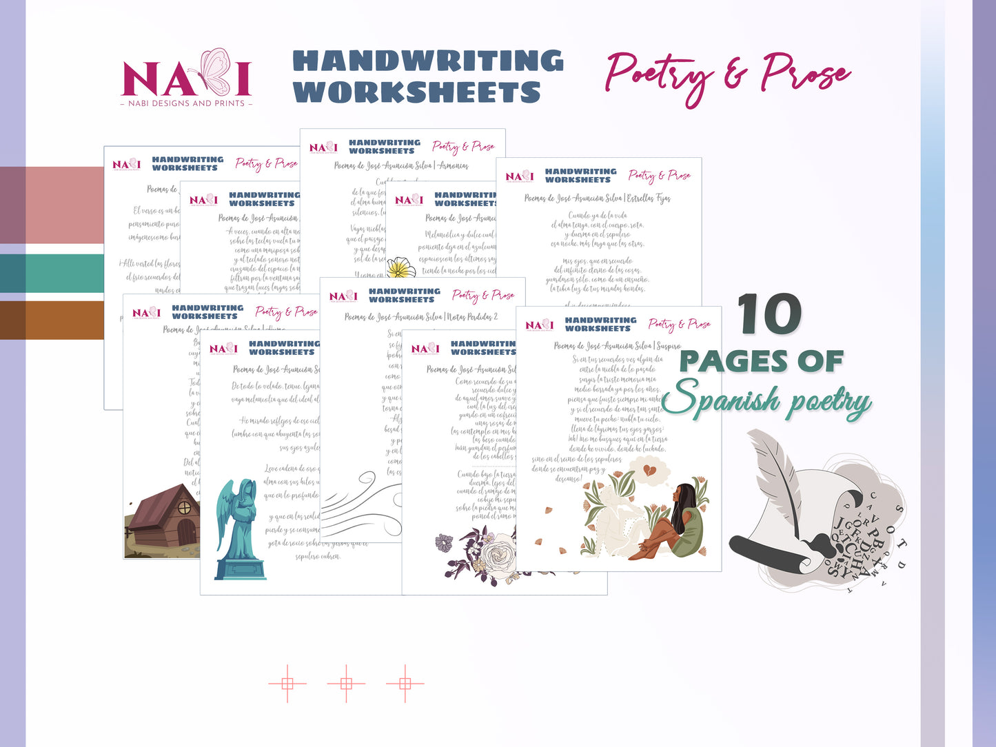 Handwriting worksheets for poetry and prose with illustrations on a white background