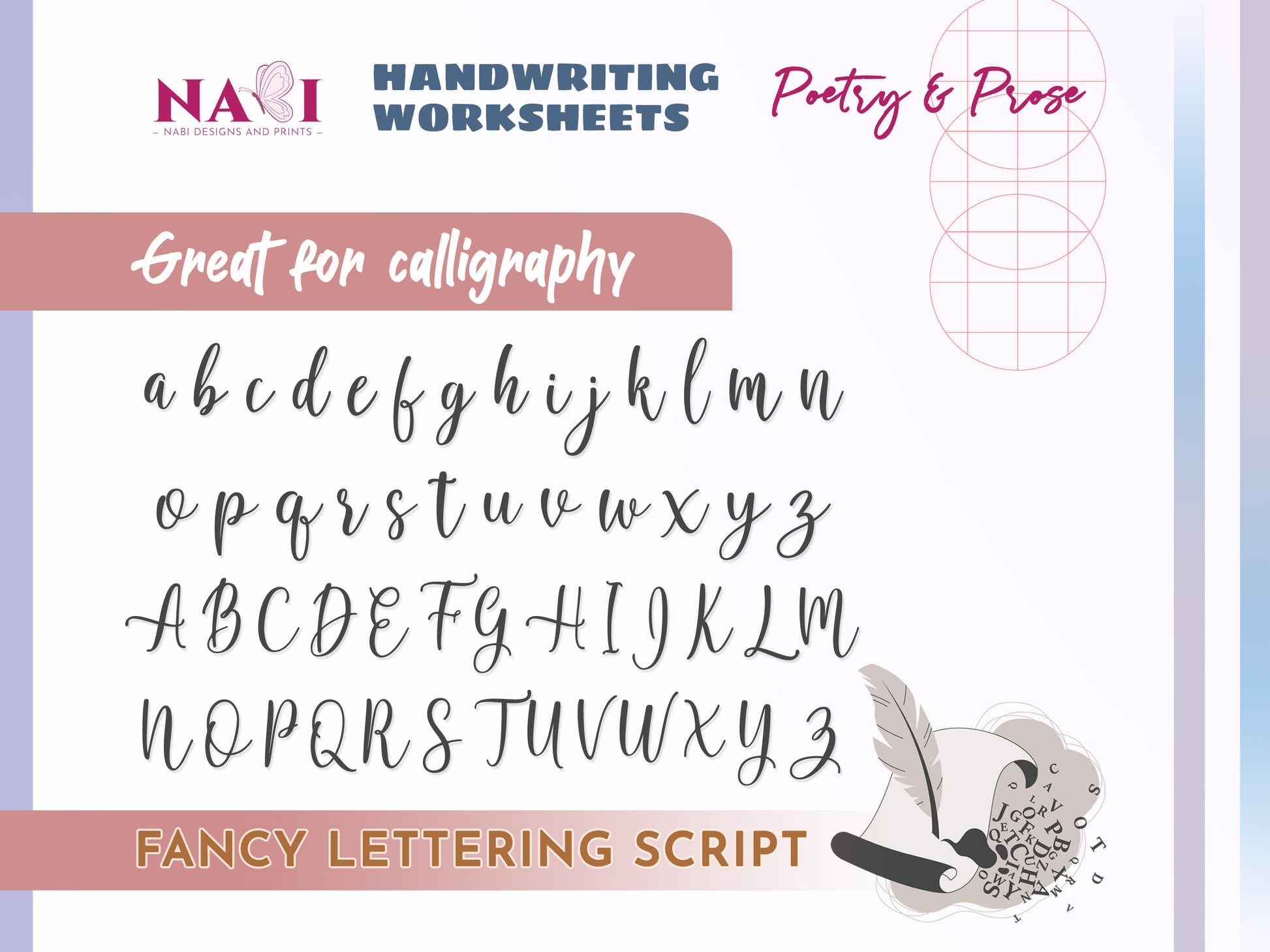 Handwriting worksheets for poetry and prose with calligraphy practice, featuring the NABI Designs and Prints logo.