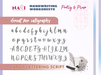 Handwriting worksheets for poetry and prose with calligraphy practice, featuring the NABI Designs and Prints logo.