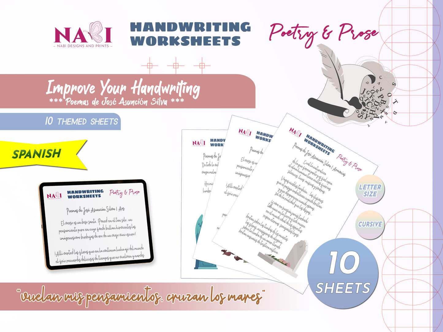 Handwriting worksheets for poetry and prose with NABI Designs and Prints branding