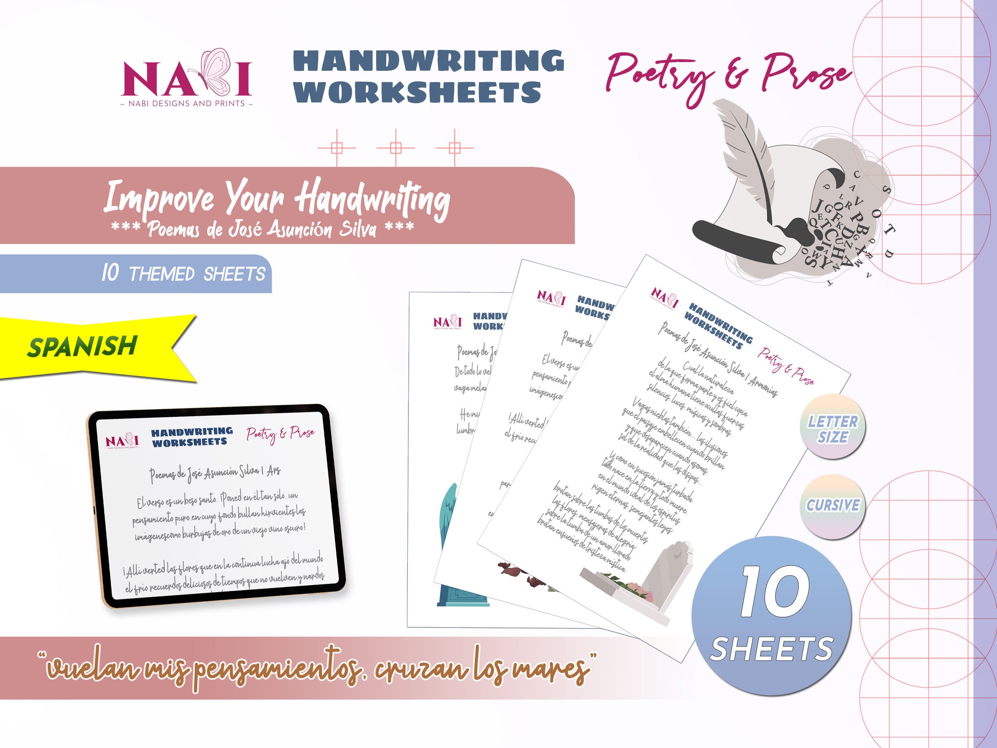 Handwriting worksheets for poetry and prose with NABI Designs and Prints branding