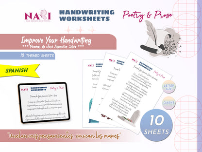 Handwriting worksheets for poetry and prose with NABI Designs and Prints branding