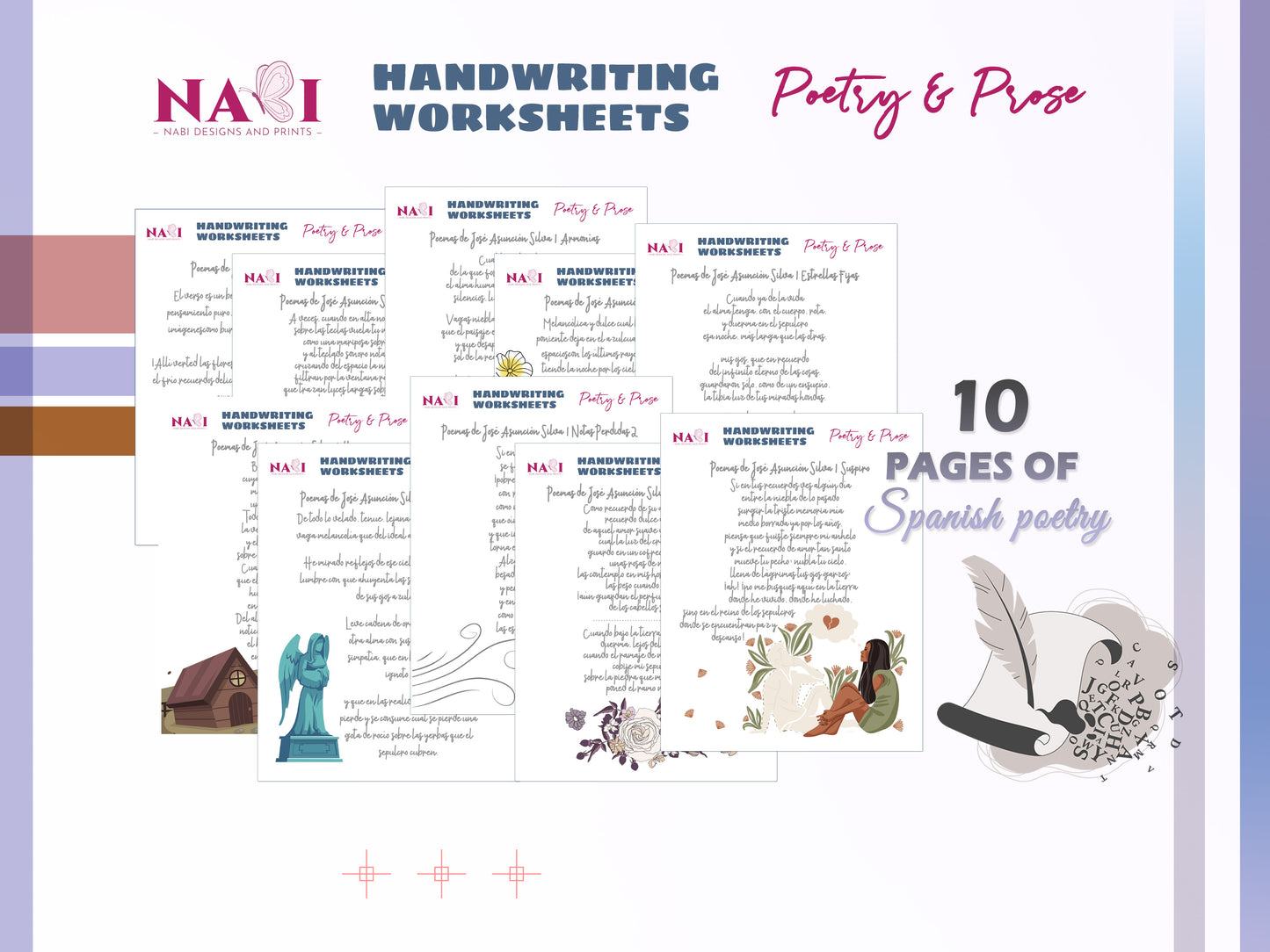 Handwriting worksheets for poetry and prose with illustrations on a colorful background