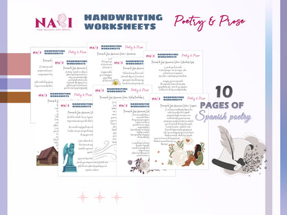Handwriting worksheets for poetry and prose with illustrations on a colorful background