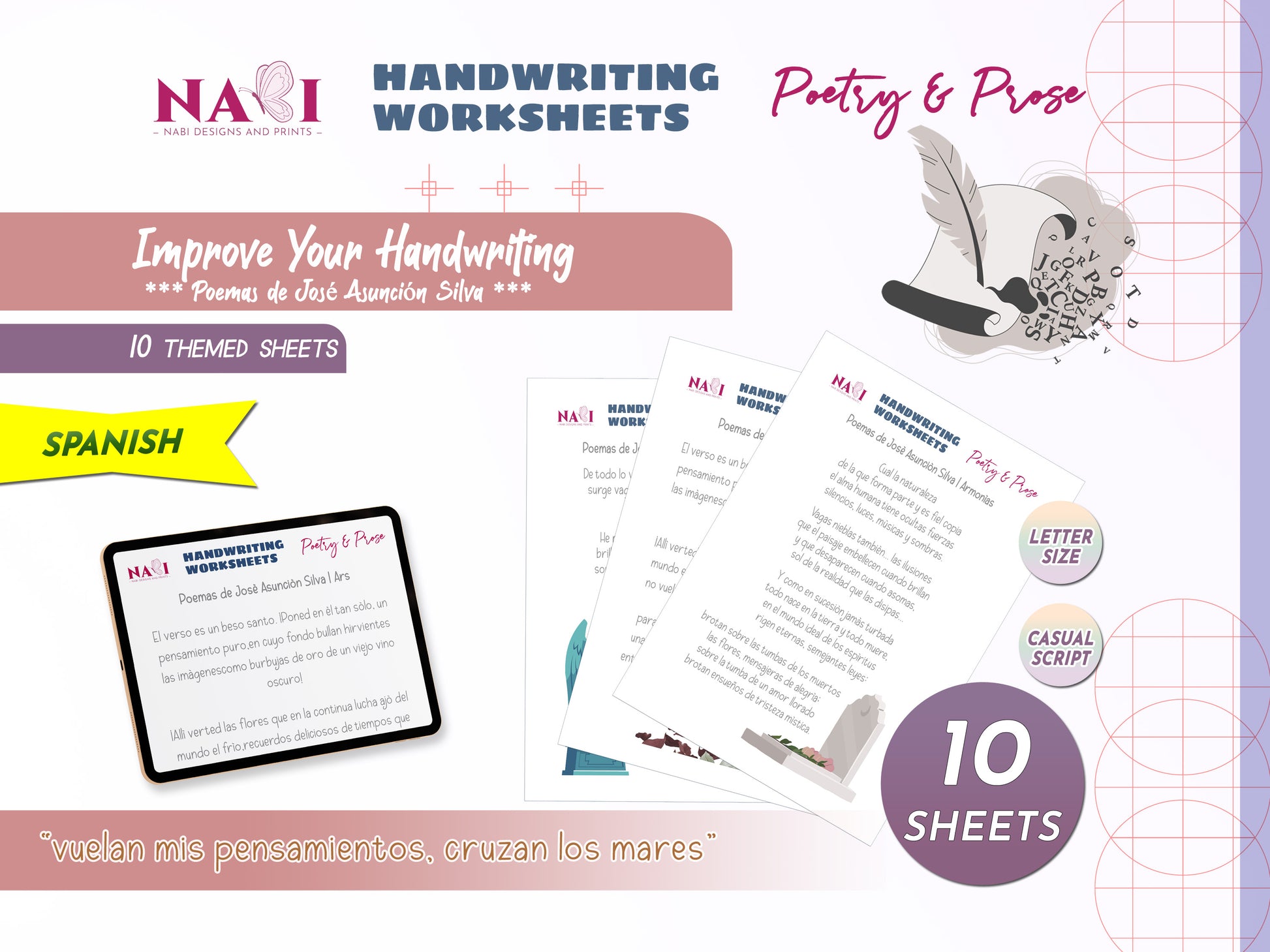 Handwriting worksheets for poetry and prose with NABI Designs and Prints branding on a purple background