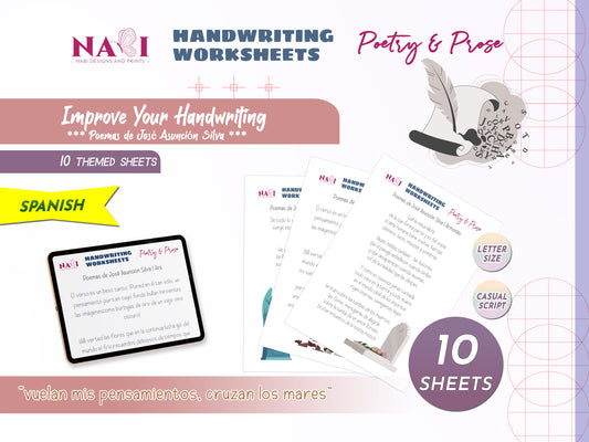 Handwriting worksheets for poetry and prose with NABI Designs and Prints branding on a purple background