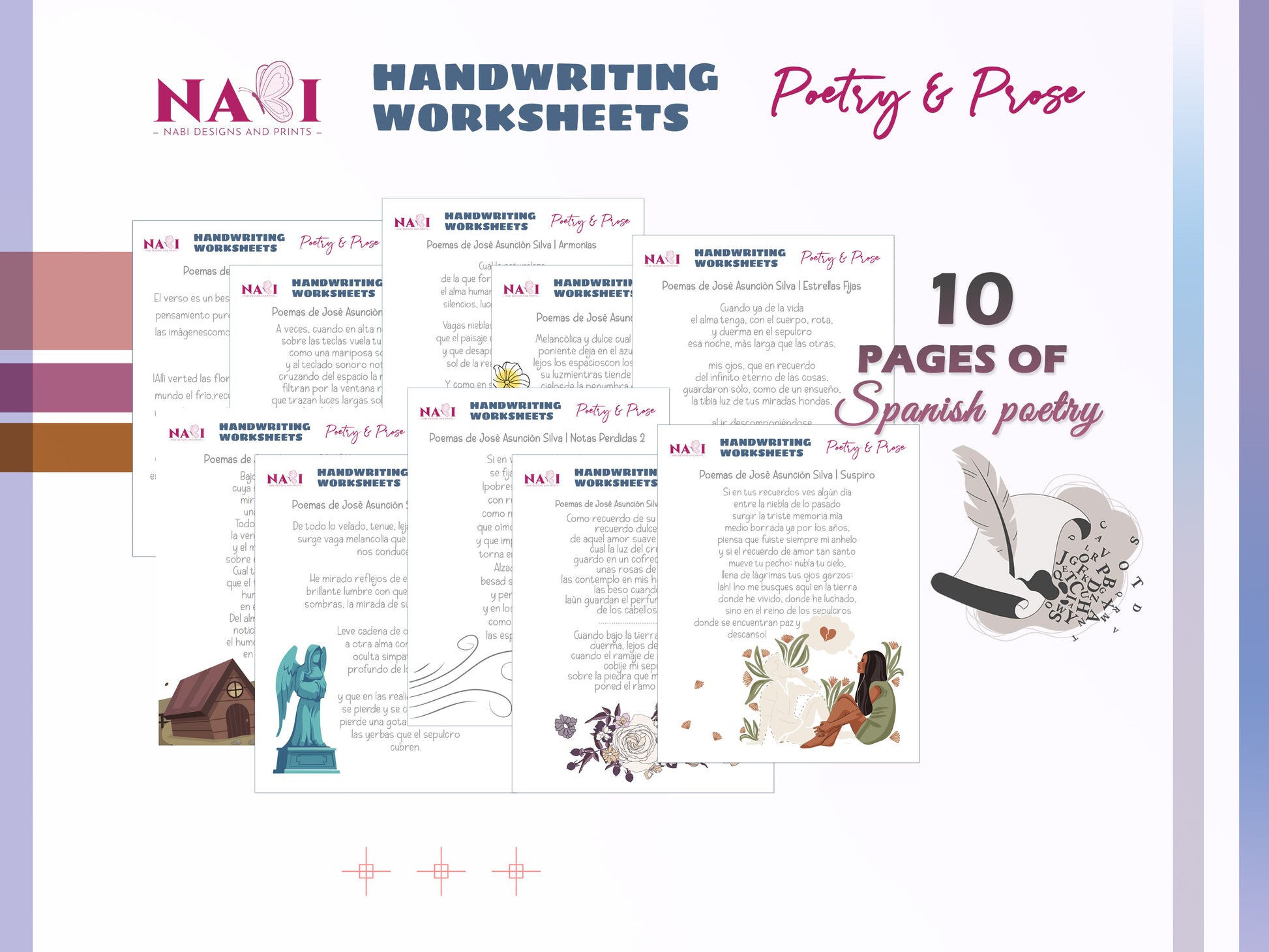 Handwriting worksheets for poetry and prose with Spanish text, featuring NABI Designs and Prints logo and colorful design elements.