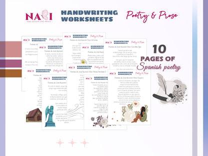 Handwriting worksheets for poetry and prose with Spanish text, featuring NABI Designs and Prints logo and colorful design elements.