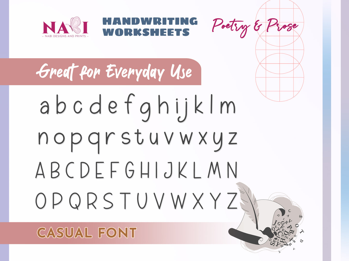 Handwriting worksheets with alphabet letters and feather illustration on a colorful background