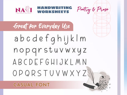 Handwriting worksheets with alphabet letters and feather illustration on a colorful background