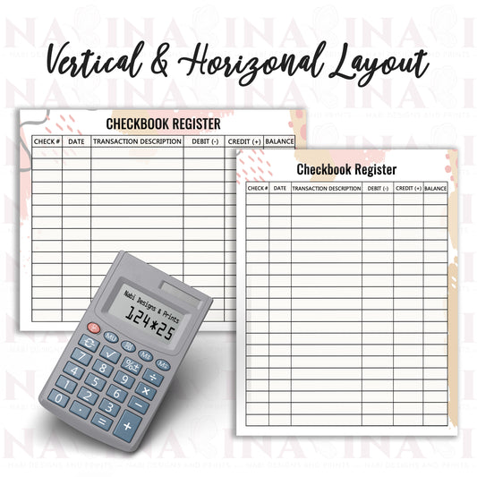 Checkbook registers with vertical and horizontal layout and a calculator on a white background.