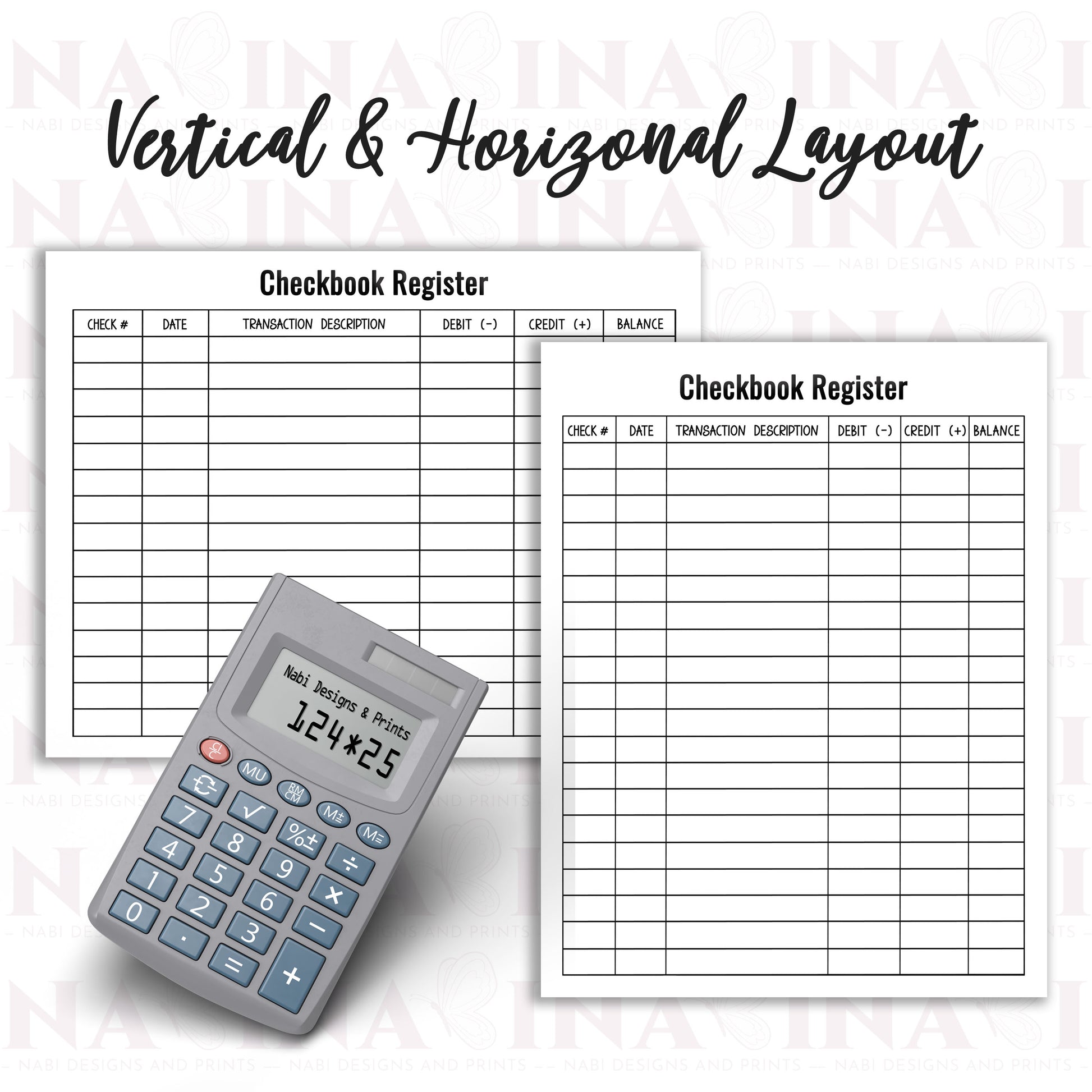 Checkbook register with vertical and horizontal layout and a calculator on a white background.