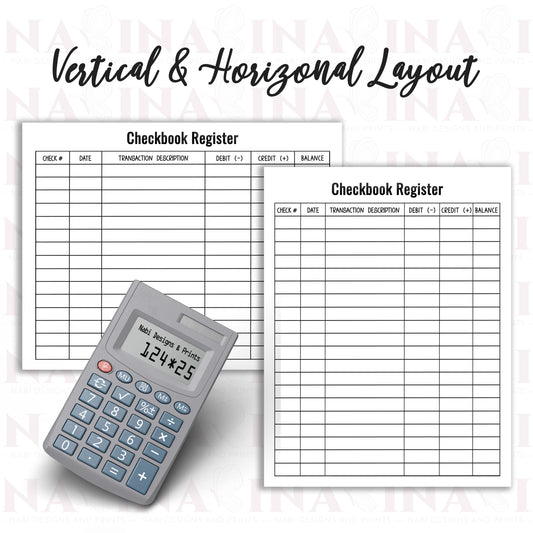 Checkbook register with vertical and horizontal layout and a calculator on a white background.