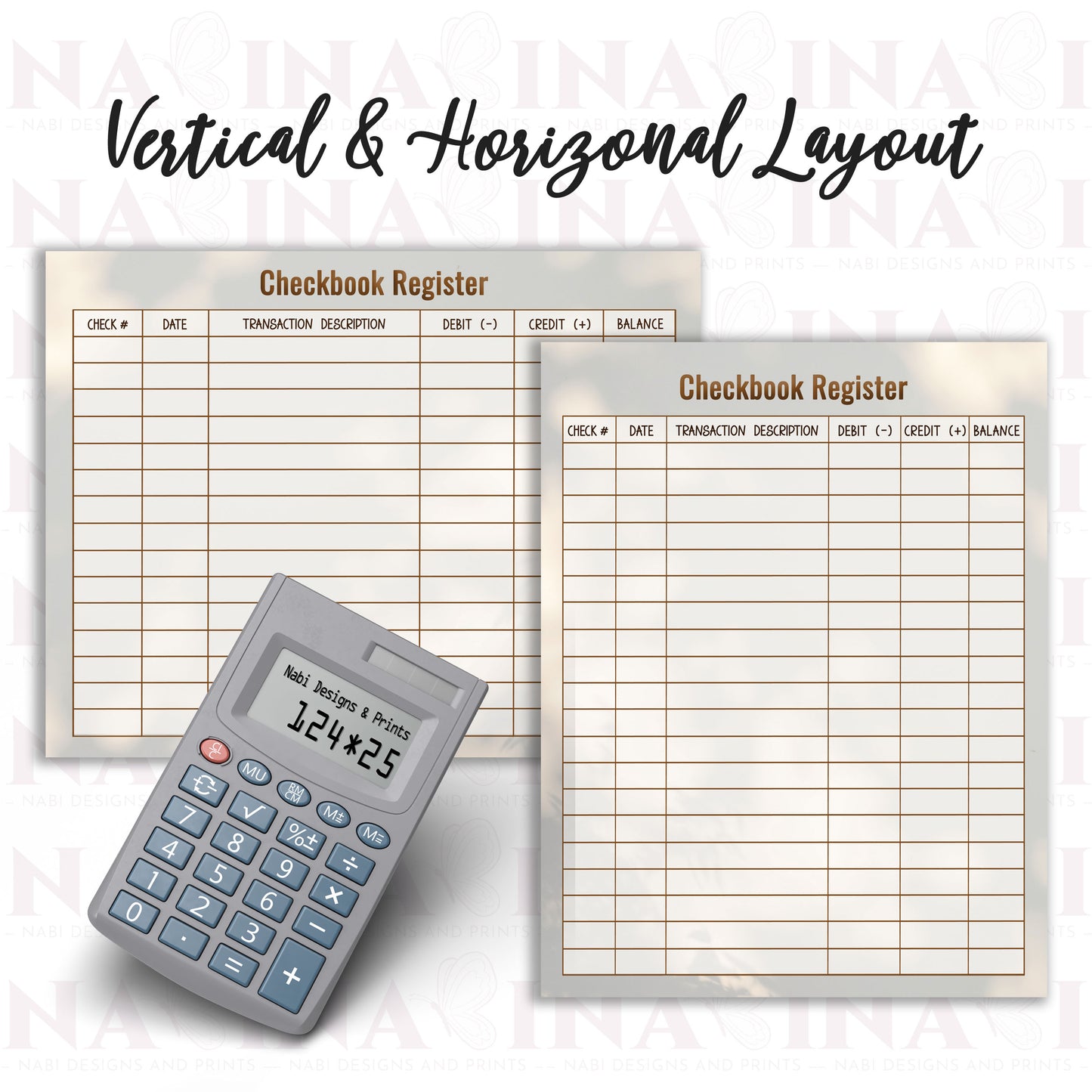 Checkbook registers with a calculator on a light background