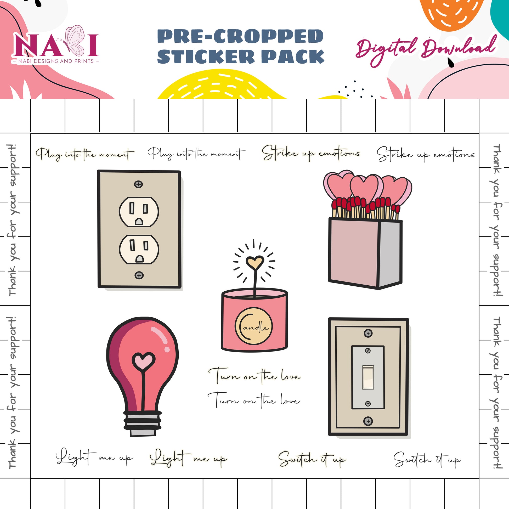 Pre-cropped sticker pack with light bulb, switch, outlet, candle, and various texts designs on a grid background.