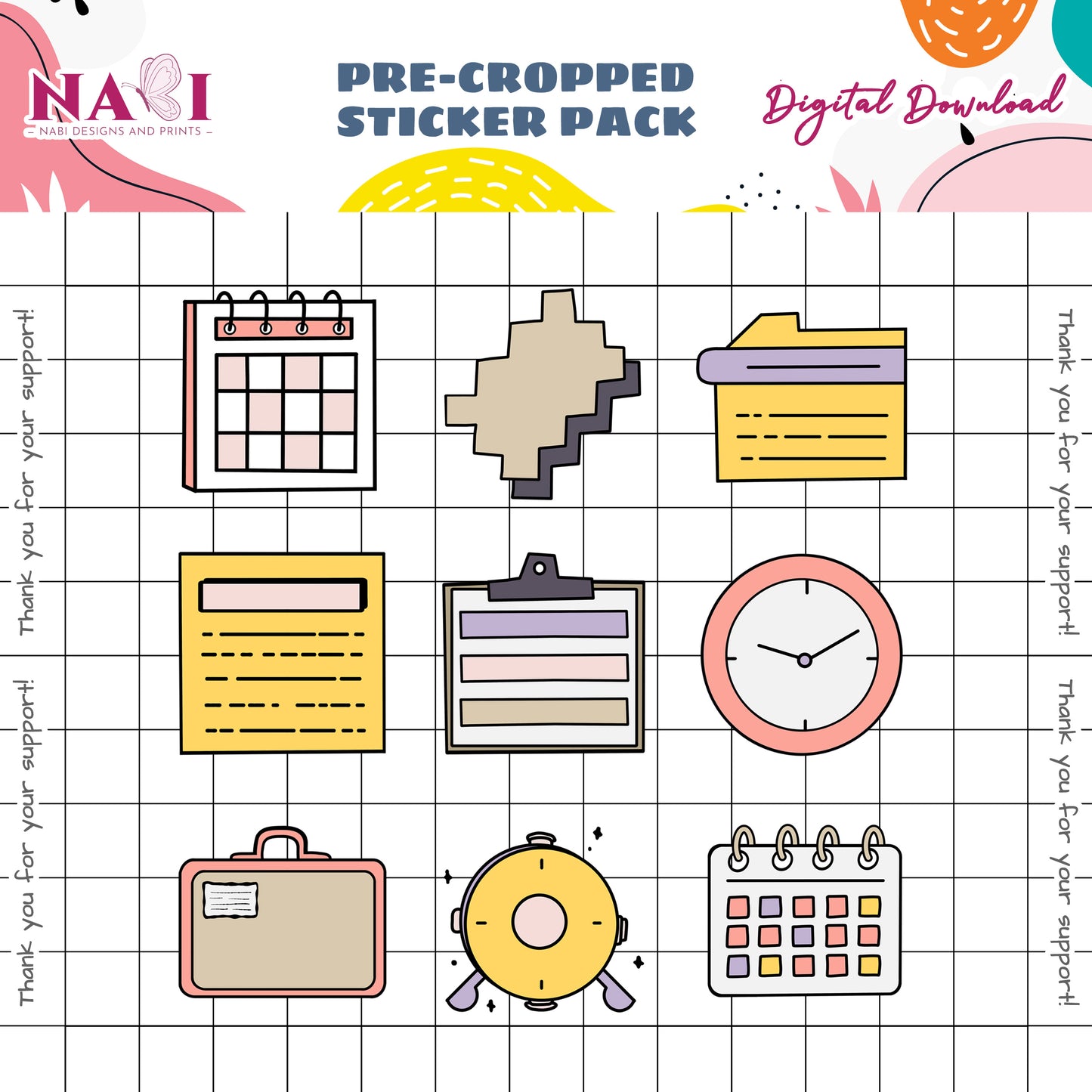 Pre-cropped sticker pack digital download with various stationery items on a grid background.