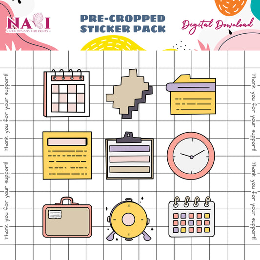 Pre-cropped sticker pack digital download with various stationery items on a grid background.