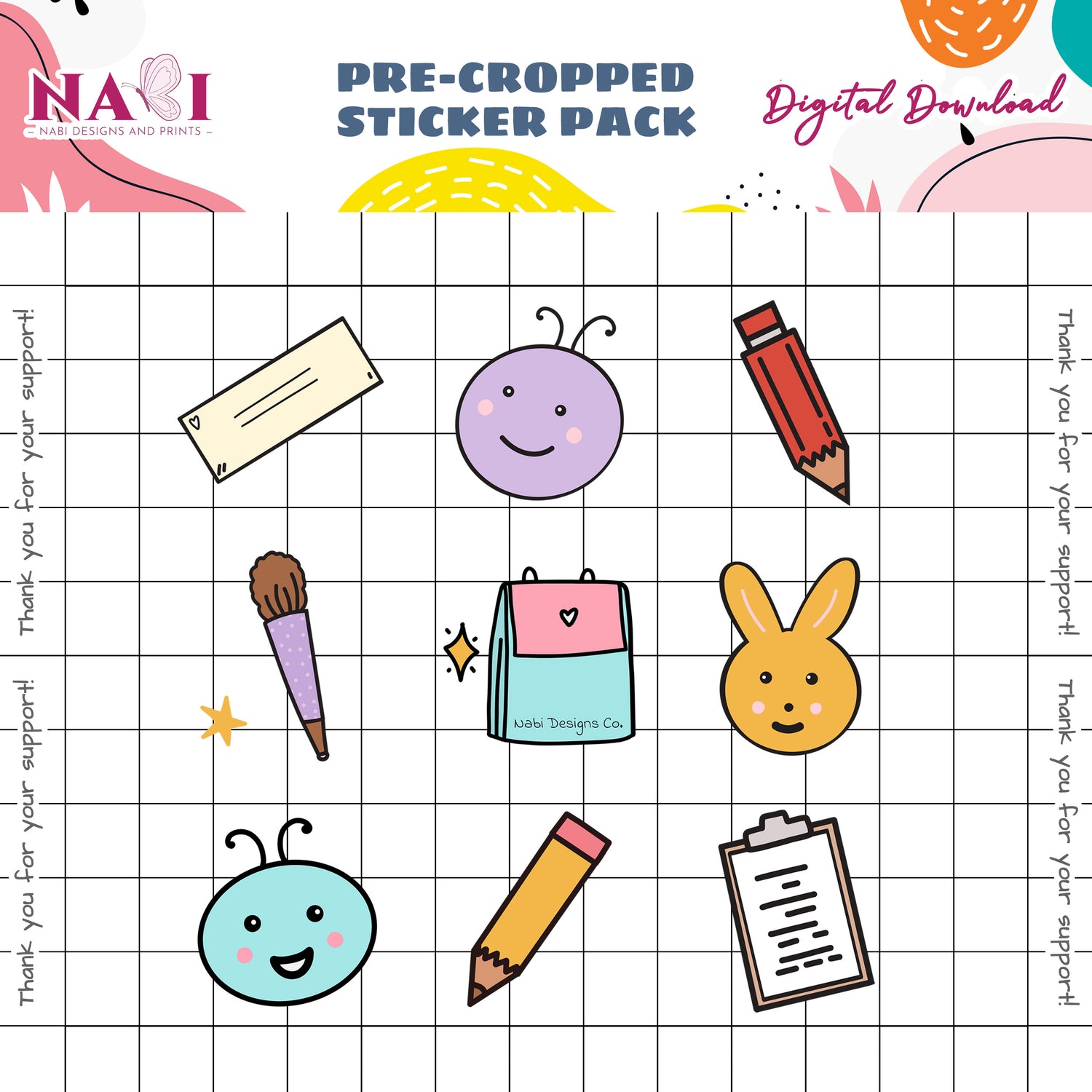 Pre-cropped sticker pack digital download with colorful stationery items on a grid background.