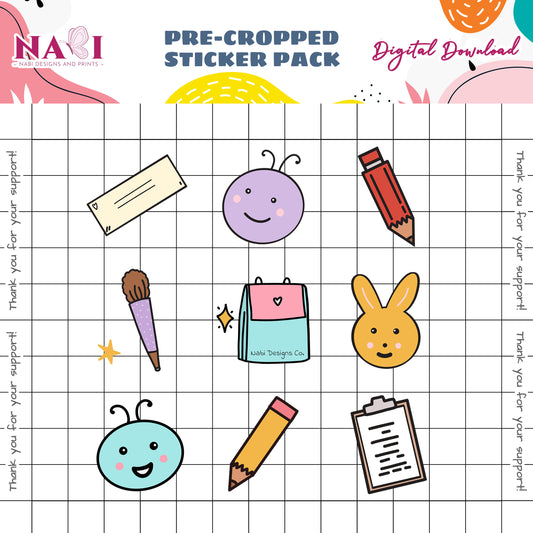 Pre-cropped sticker pack digital download with colorful stationery items on a grid background.