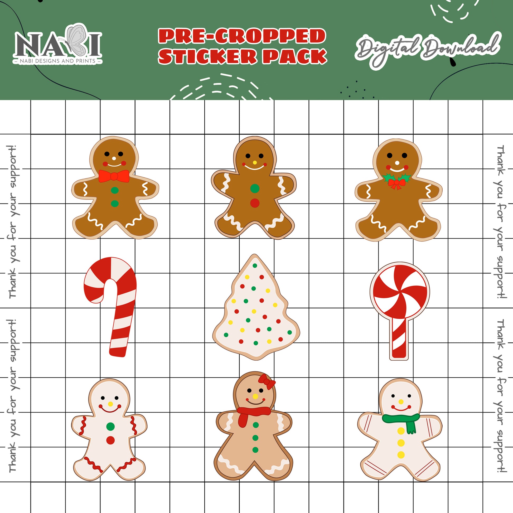 Pre-cropped sticker pack with gingerbread men and candy canes on a grid background, featuring Nabi Designs & Prints branding.