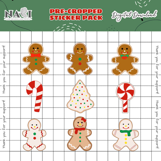 Pre-cropped sticker pack with gingerbread men and candy canes on a grid background, featuring Nabi Designs & Prints branding.