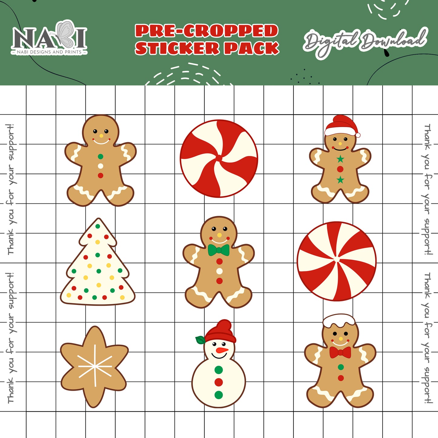 Pre-cropped sticker pack with gingerbread men, candy canes, and snowmen on a grid background.