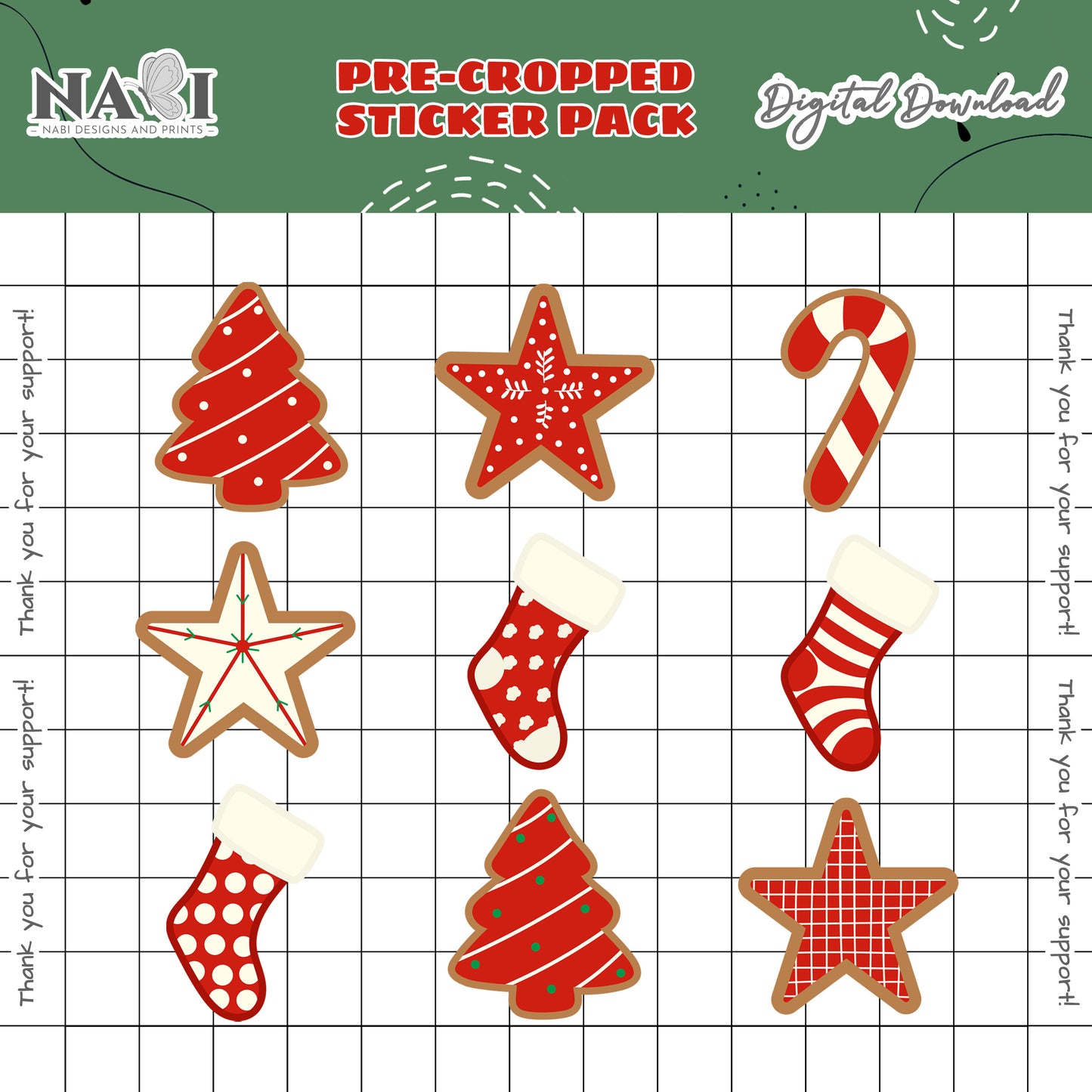 Pre-cropped sticker pack with Christmas-themed designs on a grid background