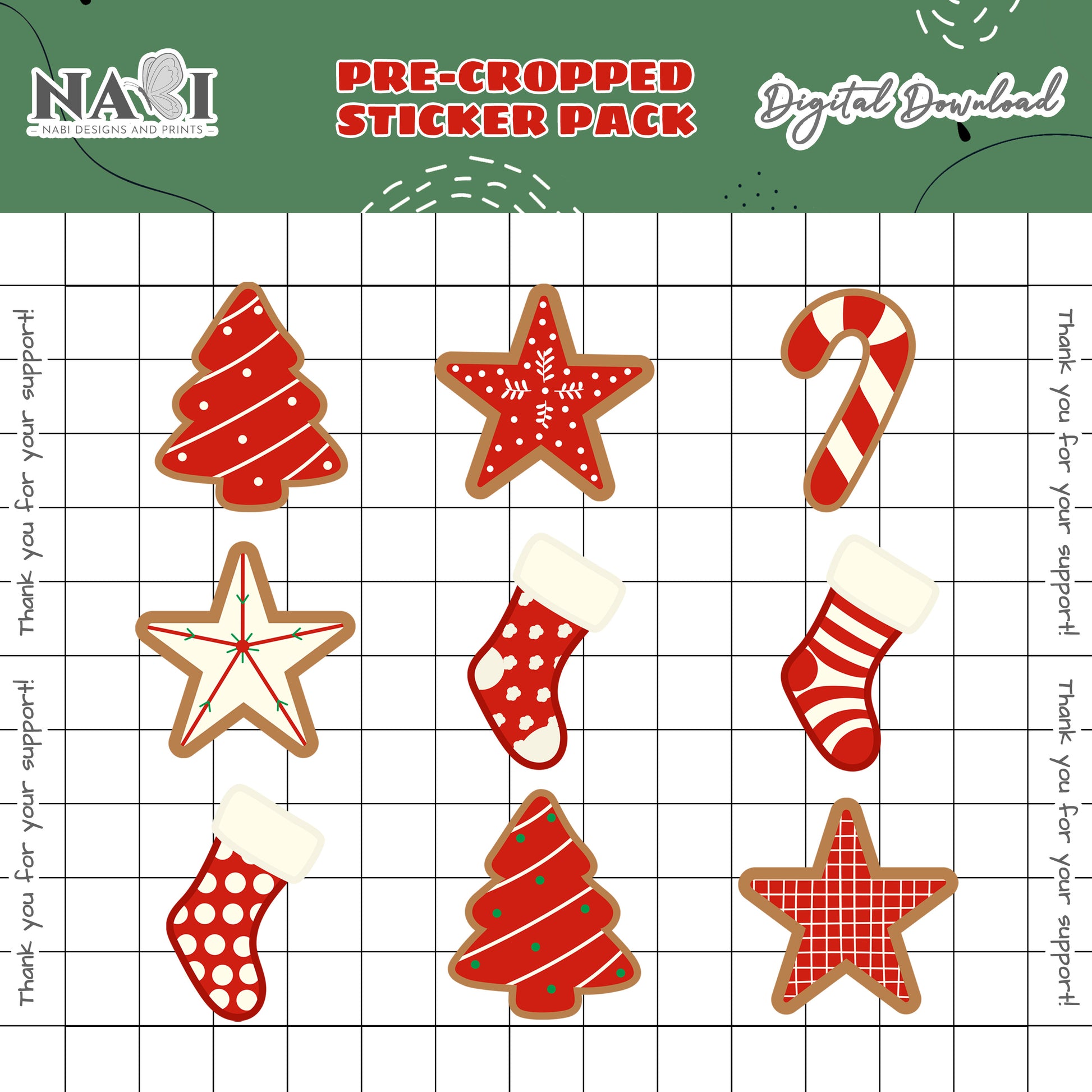 Pre-cropped sticker pack with Christmas-themed designs on a grid background