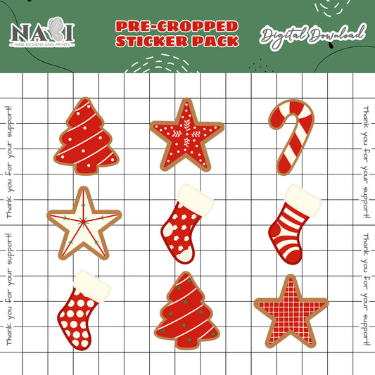 Pre-cropped sticker pack with Christmas-themed designs on a grid background