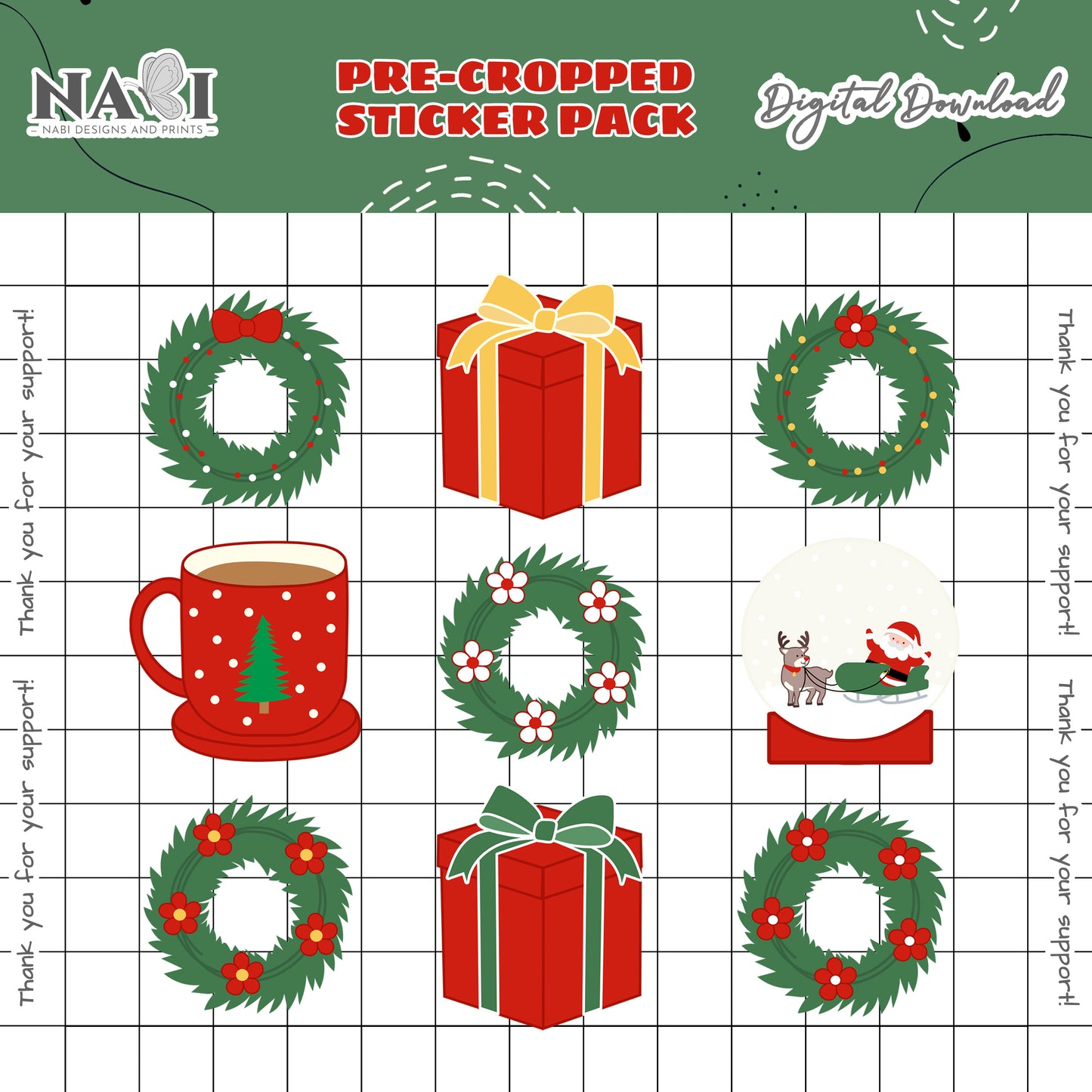 Pre-cropped sticker pack with Christmas-themed designs on a grid background
