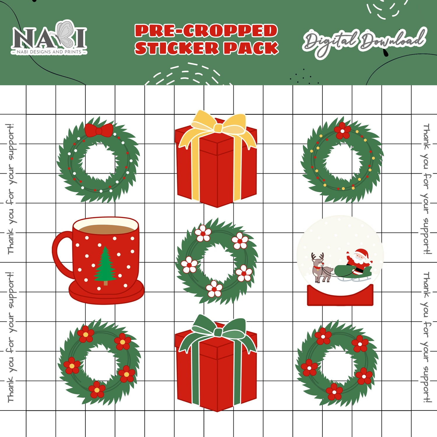 Pre-cropped sticker pack with Christmas-themed designs on a grid background