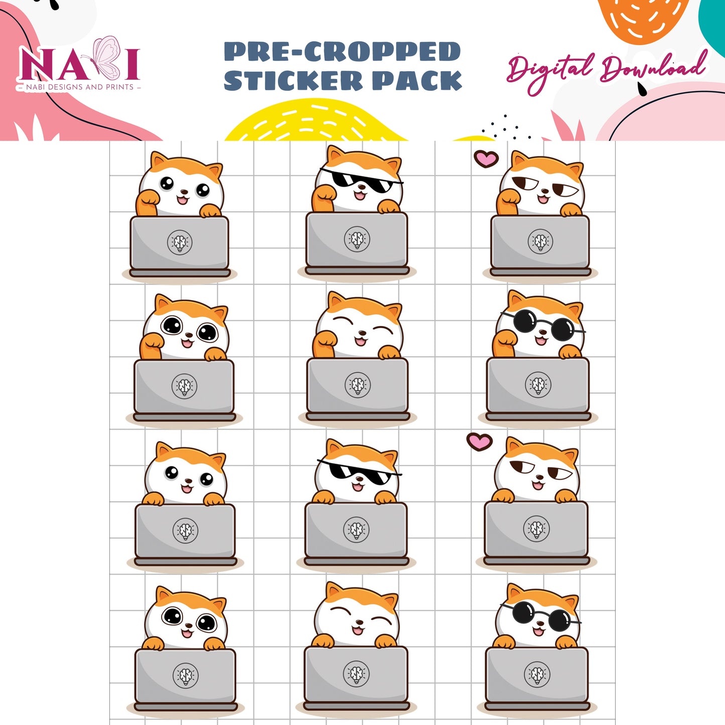 Pre-cropped sticker pack with cartoon cat characters on laptops, designed by Nabi Design and Prints.