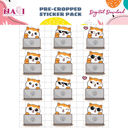 Pre-cropped sticker pack with cartoon cat characters on laptops, designed by Nabi Design and Prints.
