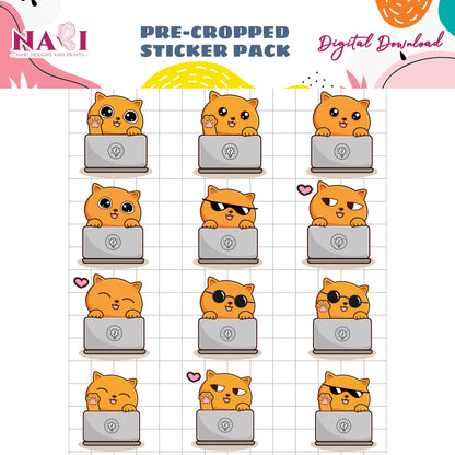 Pre-cropped sticker pack with cartoon cats on laptops on a grid background, branded 'Nabi Design and Prints'.