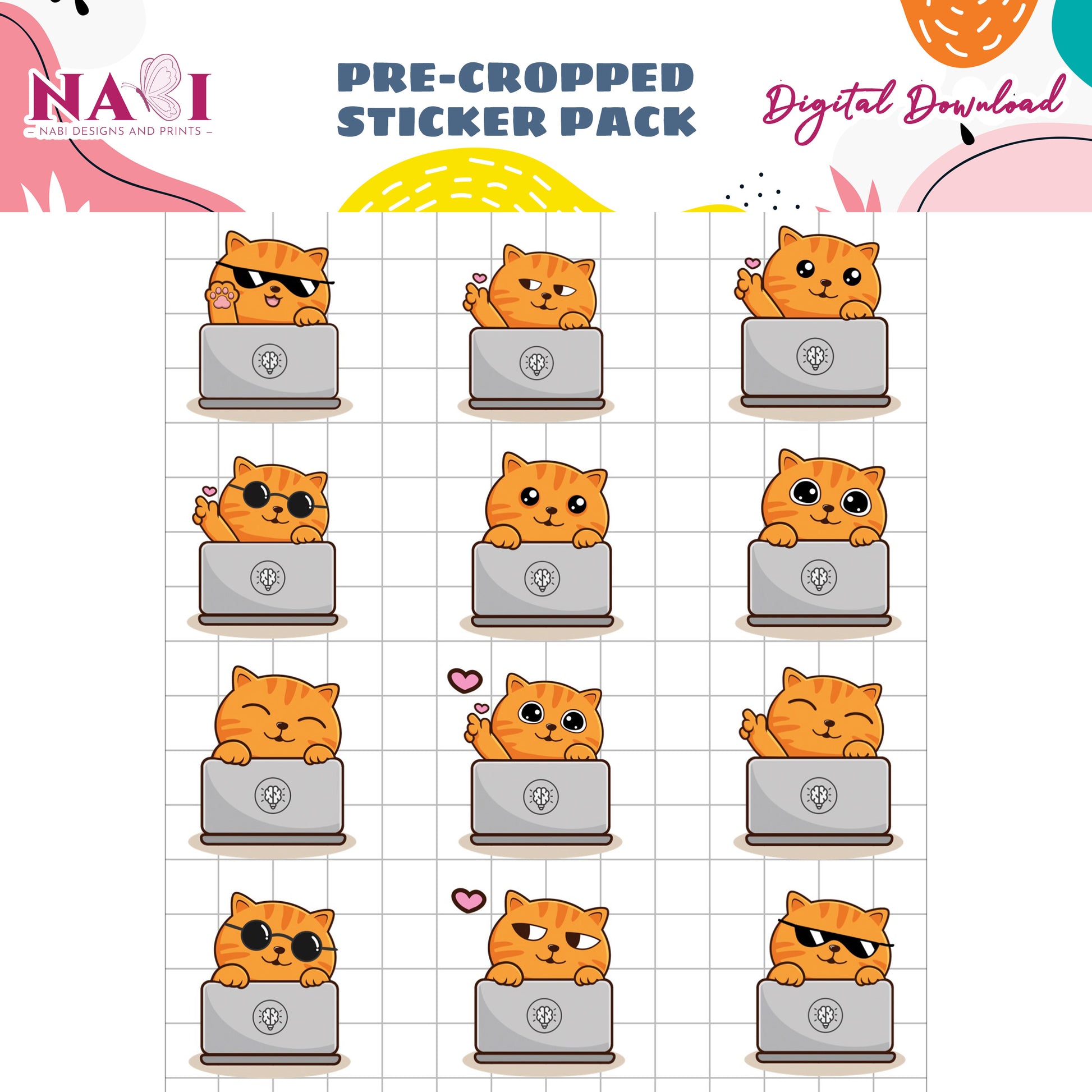 Pre-cropped sticker pack with cartoon cats on laptops, designed by Nabi Design and Prints.