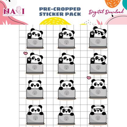 Pre-cropped sticker pack of pandas on laptops with Nabi Design and Prints branding.