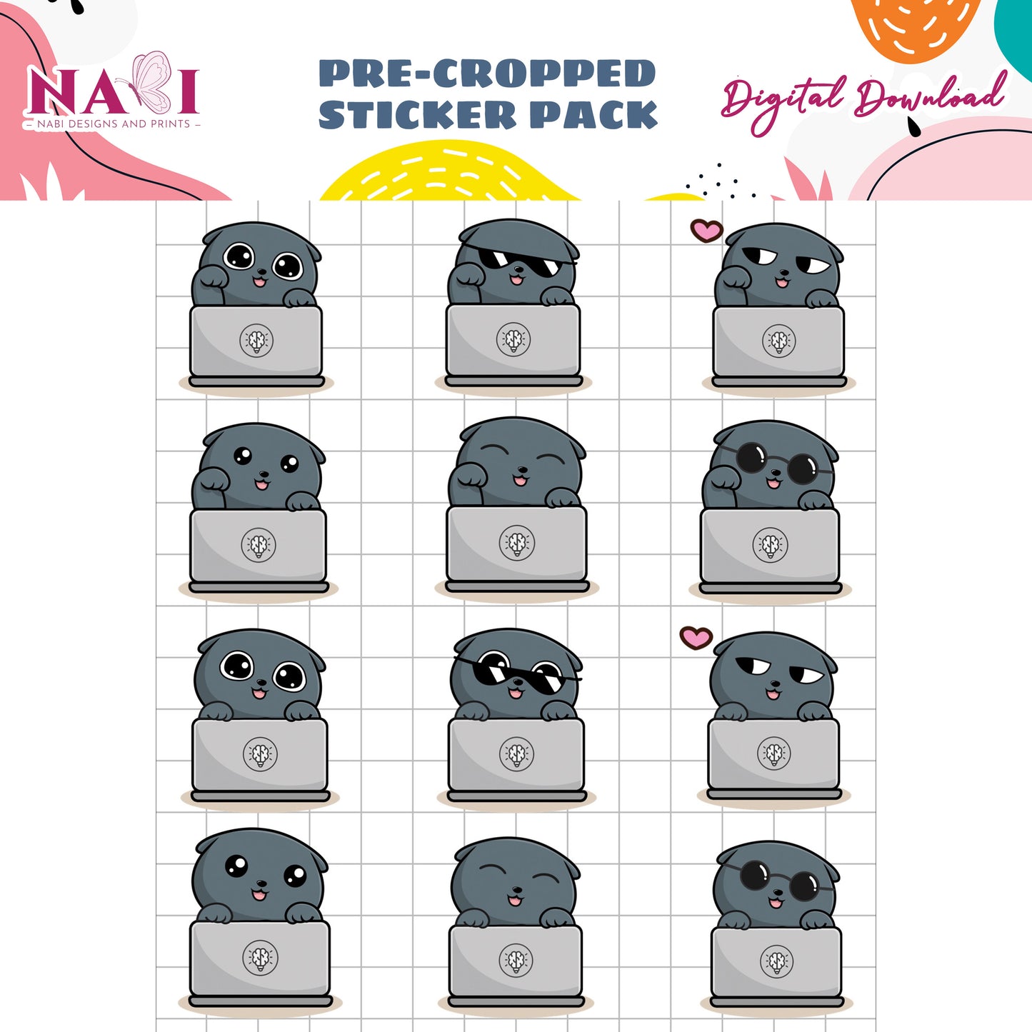 Pre-cropped sticker pack with cute cat design on a grid background, featuring Nabi Design and Prints branding.