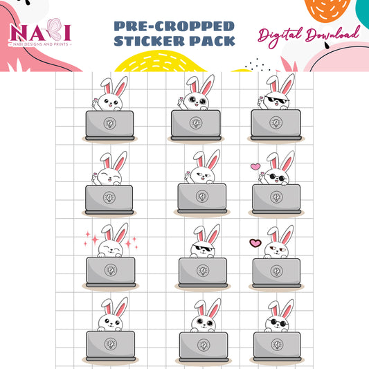 Pre-cropped sticker pack with cartoon bunnies on laptops by Nabi Design and Prints.