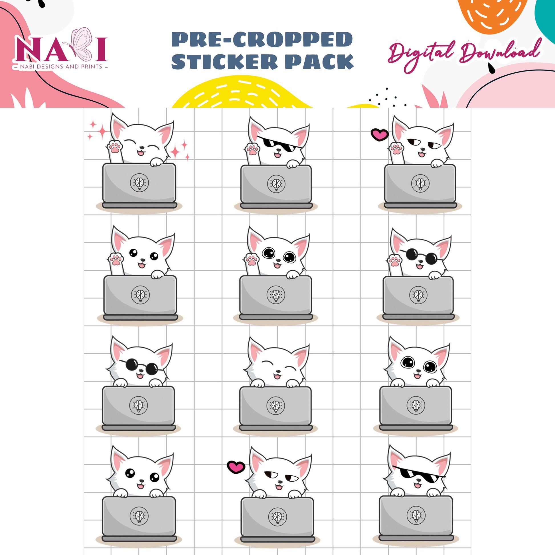 Pre-cropped sticker pack with cartoon cats on laptops on a grid background, featuring Nabi Design and Prints branding.