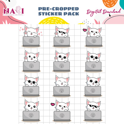Pre-cropped sticker pack with cartoon cats on laptops on a grid background, featuring Nabi Design and Prints branding.