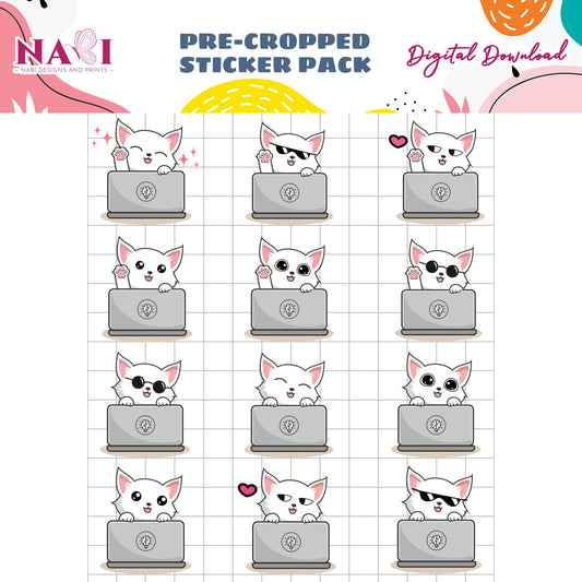 Pre-cropped sticker pack with cartoon cats on laptops on a grid background, featuring Nabi Design and Prints branding.