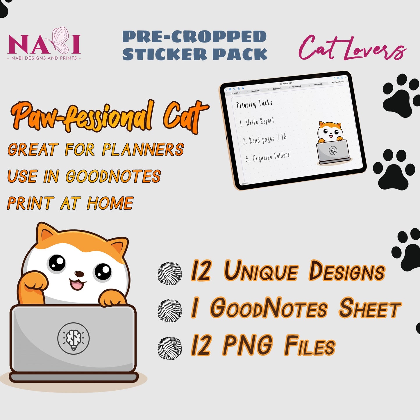 Sticker pack for Cat Lovers with a cat using a laptop on a white background.