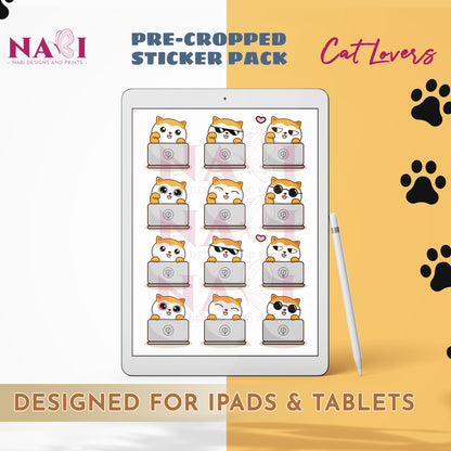 Pre-cropped sticker pack for iPads and tablets with cat-themed designs on a tablet screen.