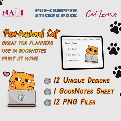 Sticker pack for Cat Lovers with a cat on a laptop, text about use cases, and product details.