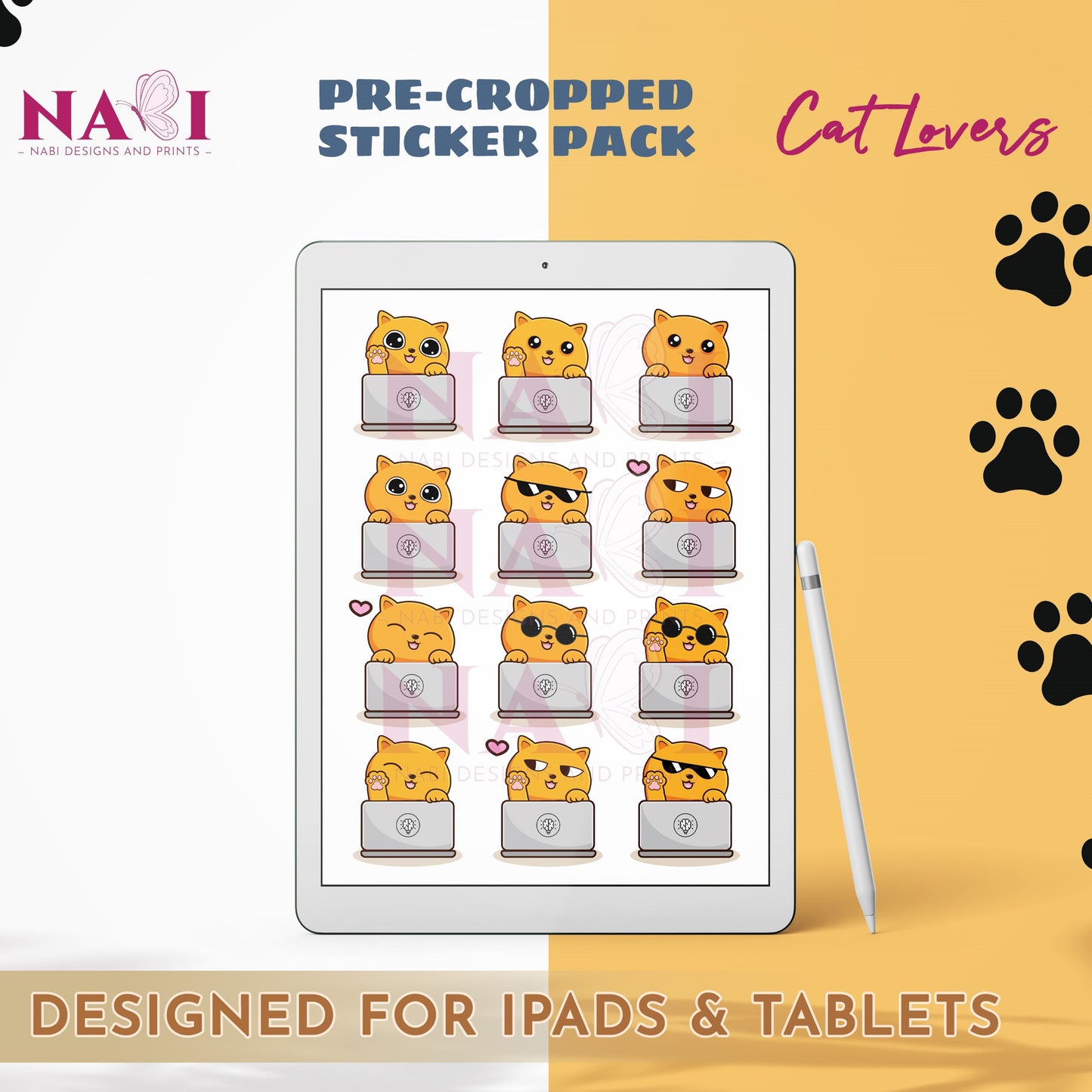Sticker pack for iPads and tablets featuring cartoon cats on a tablet screen with a yellow background.