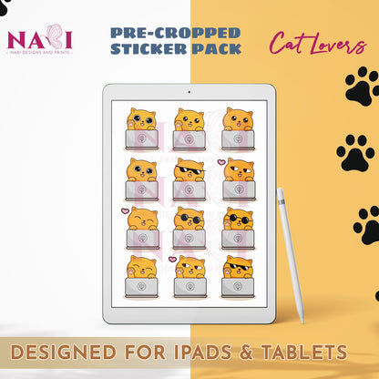 Sticker pack for iPads and tablets featuring cartoon cats on a tablet screen with a yellow background.