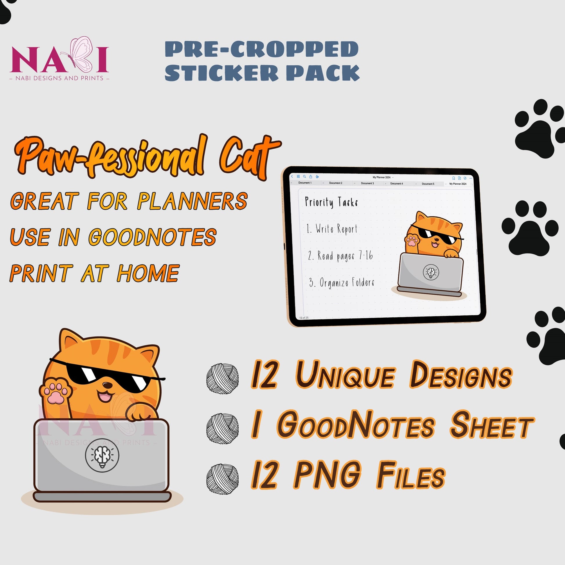Sticker pack with a cartoon cat on a laptop, featuring text about its use in planners and GoodNotes.